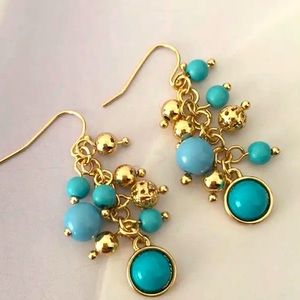 TURQUOISE AND GOLD BALL DANGLING DROP EARRINGS